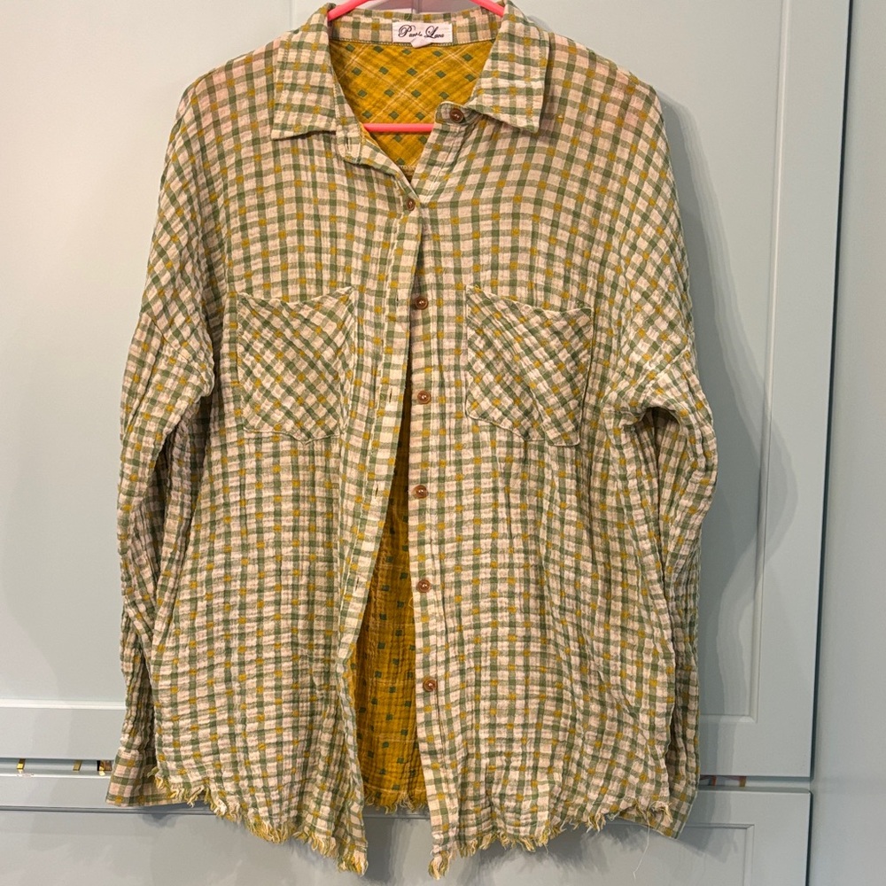 Plaid Button-Up Blouse in Green and Yellow